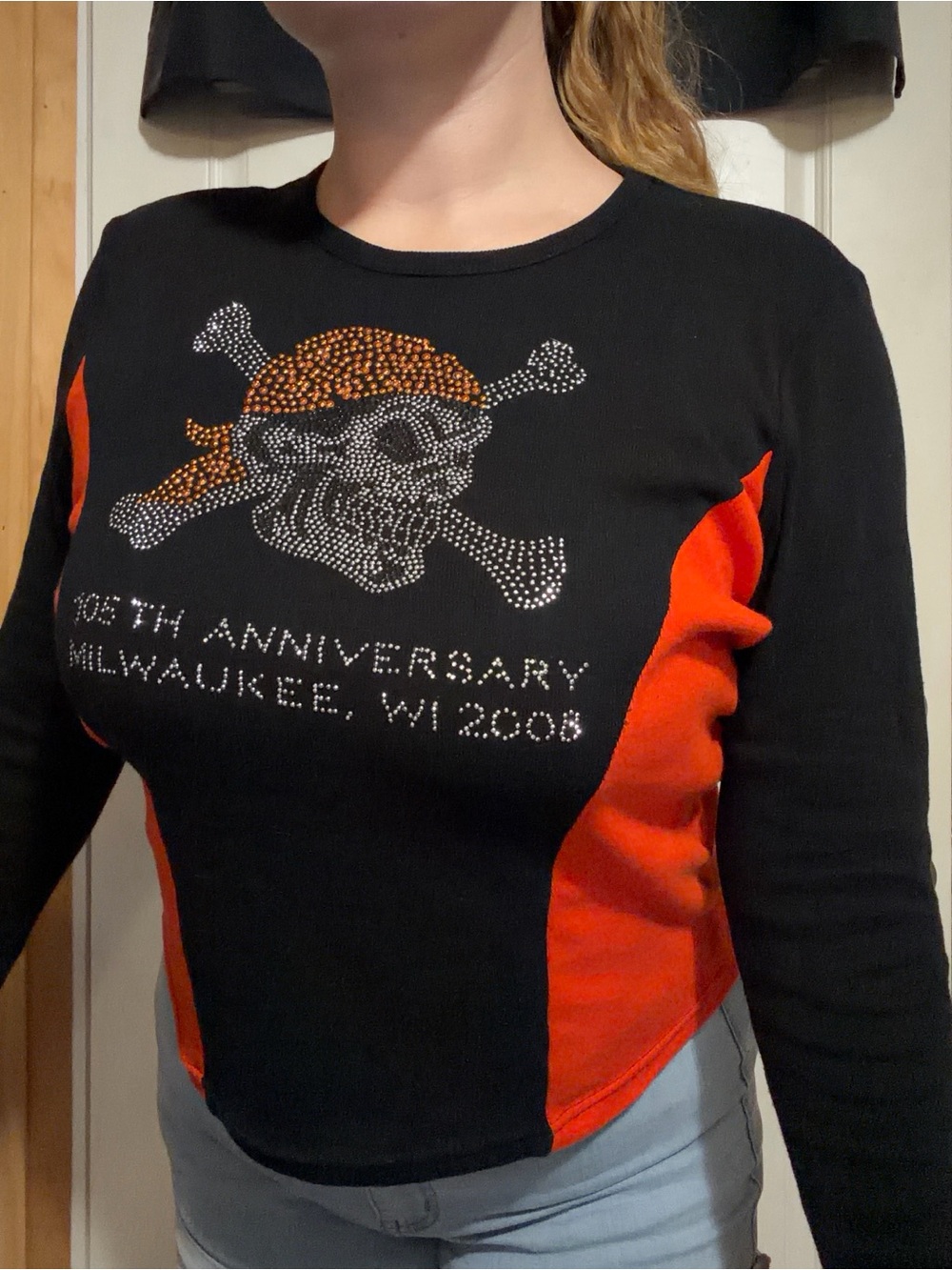 Biker Design Orange and Black Rhinestone Skull Top with Curved Side Panels